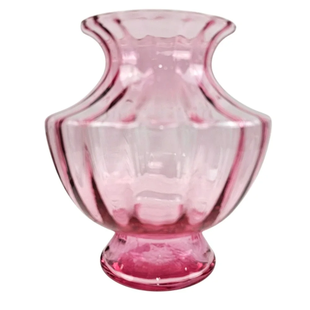 Vintage Pilgrim Glass Pink Depression Glass Ribbed  Vase Flared Ruffle Rim 6.25